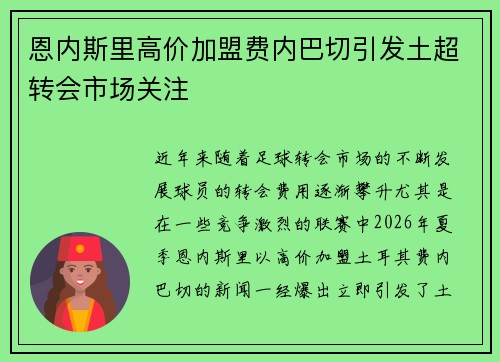 恩内斯里高价加盟费内巴切引发土超转会市场关注